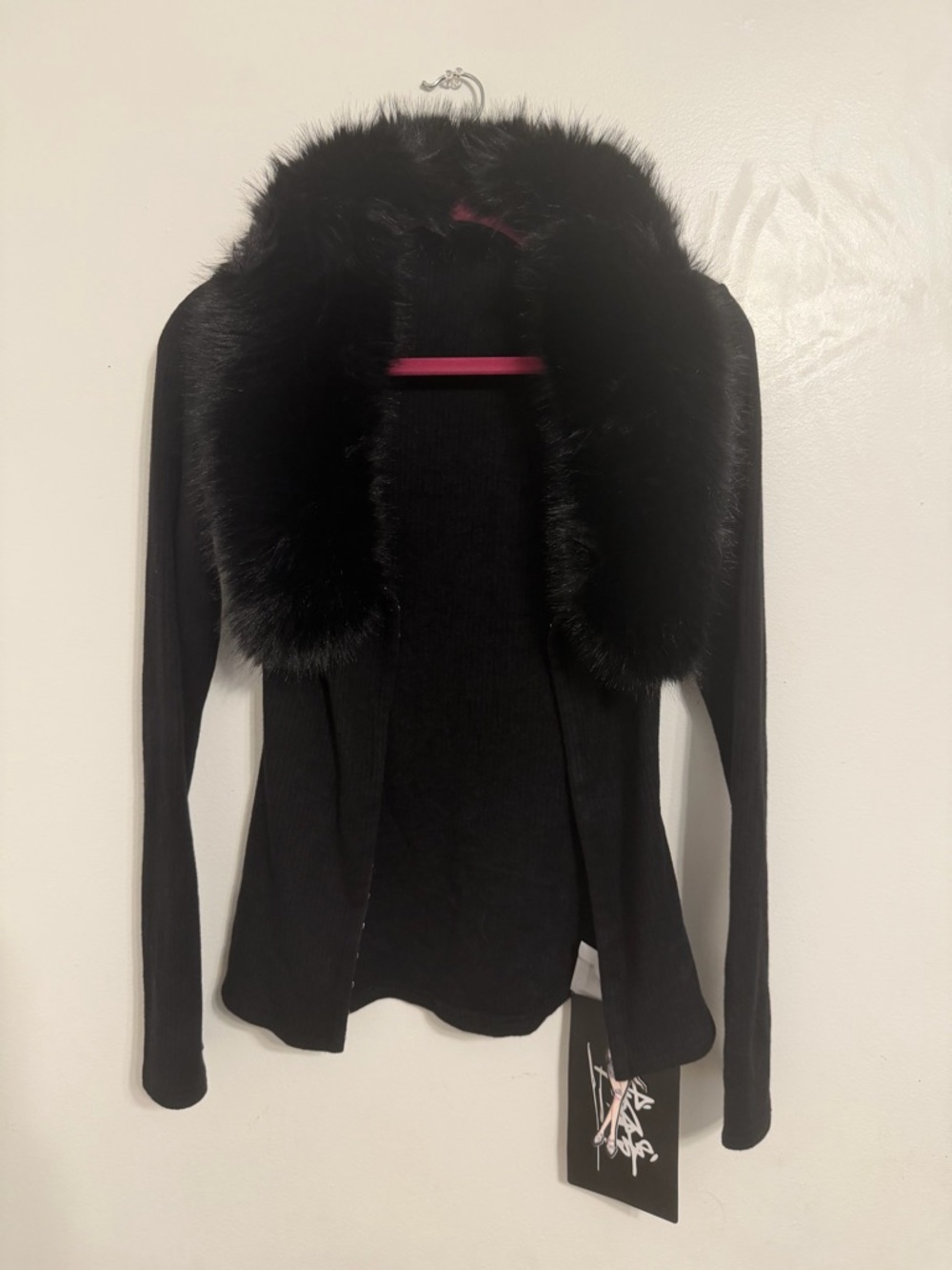 Black Faux-Fur Collar Knit Cardigan